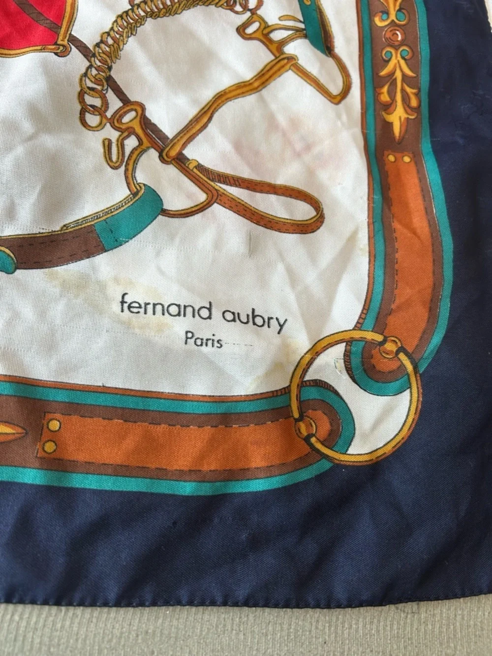 Vintage Fernand Aubry Equestrian Silk Scarf has stains wear old school money